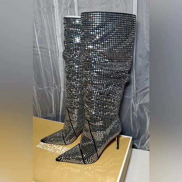 Michael Kors Dawn Silver studded Heeled Boots 7 - Picture 4 of 14